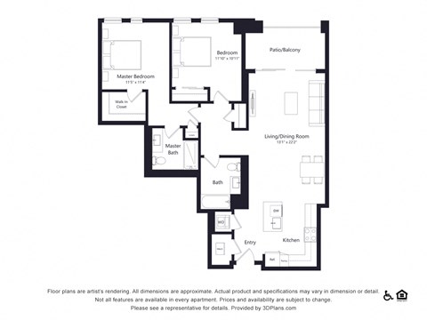 Floor plan for 2 beds, 2 baths, 1161 sqft